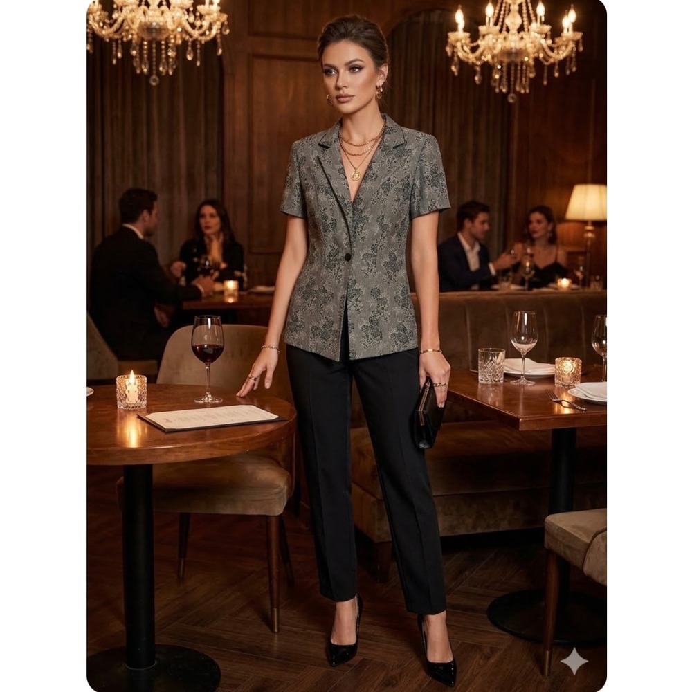 Blazer Top 9/10 Grey Black Floral Tapestry ShortSleeve Casual Elegant Office 90s